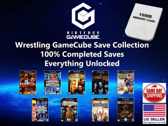 WWE Wrestling Save Collection Unlocked GameCube Memory Card 100% Completed Saves