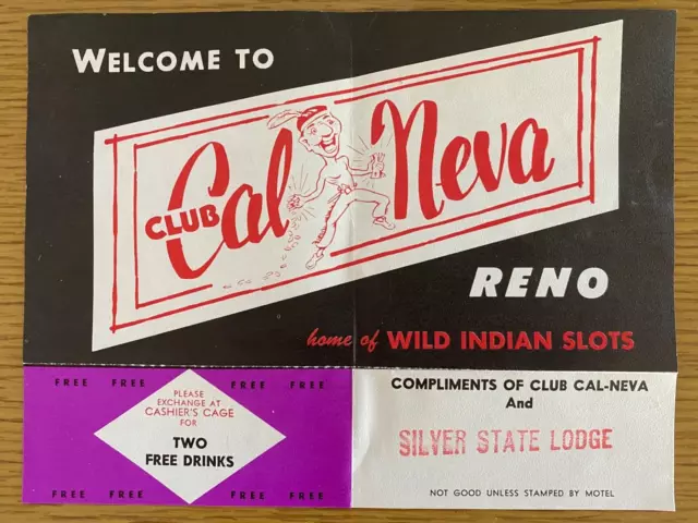 1960s CLUB CAL NEVA CASINO vintage menu & drink coupon RENO, NEVADA Indian Slots