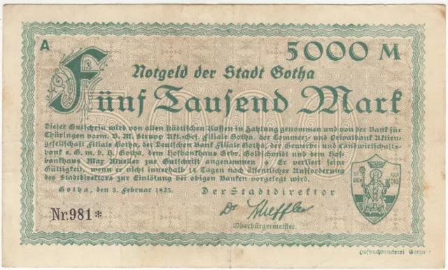 NOTGELDSCHEIN*Stadt Gotha*5000 Mark*8.2.1923*Kenn-Nr. 981*