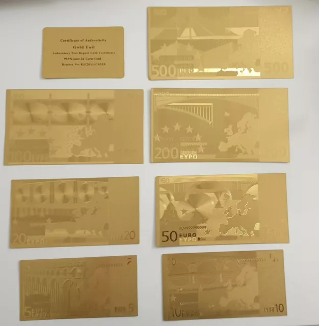 Lote billetes euro oro - 7 unidades uno de cada valor - 99,9% PURE GOLD 24K - € 2