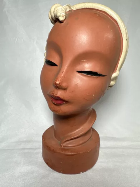 Art Deco Goldscheider Style ASIAN LADY WOMAN HEAD BUST Plaster Chalkware Vintage