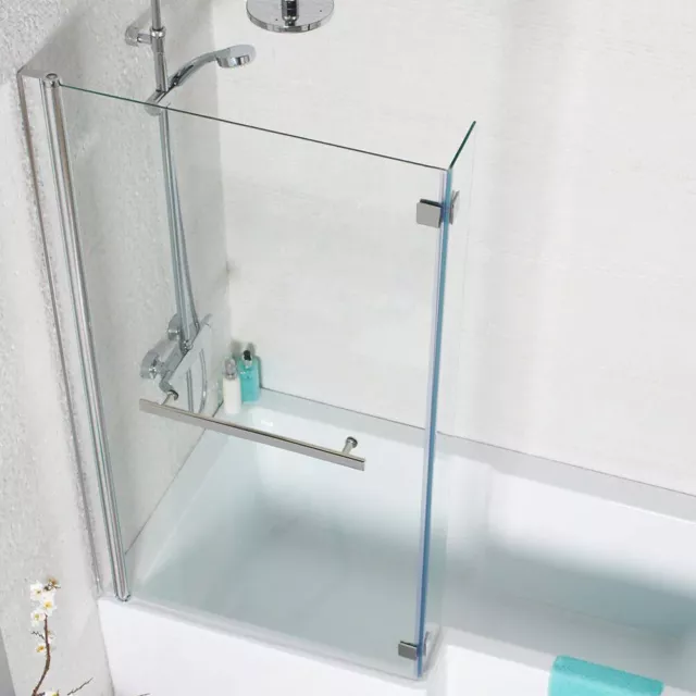 L-Shaped Shower Bath Screen With Towel Rail Bar Chrome 1400mm 6mm Safety Glass