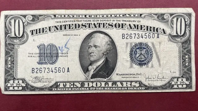 1934 C Ten Dollar Silver Certificate Note $10 Bill Blue Seal Circulated #58857