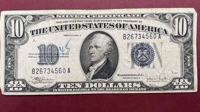 1934 C Ten Dollar Silver Certificate Note $10 Bill Blue Seal Circulated #58857