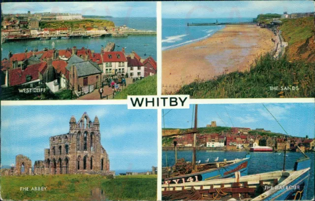 Whitby 4 views West Cliff Sands Harbour Abbey 1965 postmark Salmon