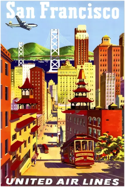 San Francisco - United Airlines - Airline Vintage Travel Poster, Retro Posters