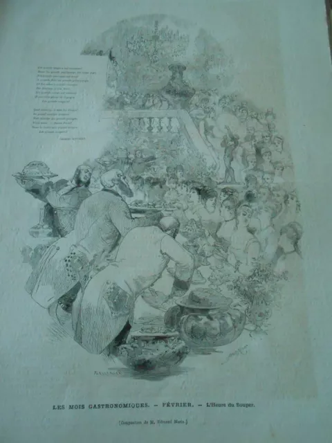 Gravure 1877 - Les mois gastronomiques Février L'heure du Souper