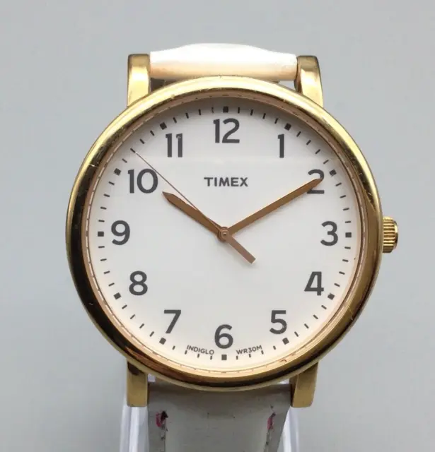 Timex Indiglo Watch Unisex 42mm Gold Tone White Leather Band New Battery