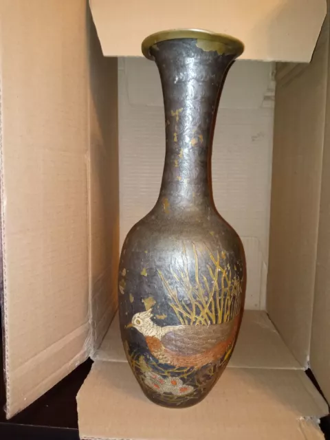 Antique Vase Hand Painted Over Brass Bird Theme 17" Tall Made in India Beautiful