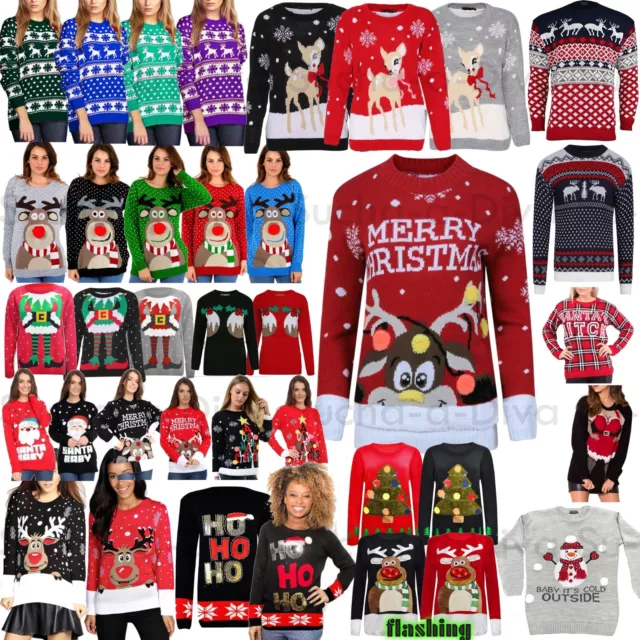 Womens Mens Ladies Unisex Xmas Christmas Jumpers Knitted Reindeer Retro 3D LIGHT