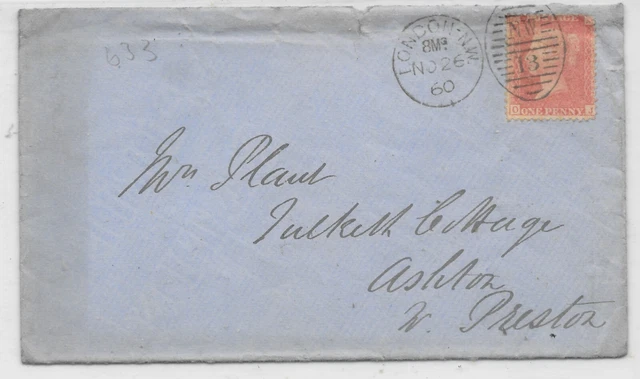GB Queen Victoria 1d Red Star on 1860 Entire to Preston (633)