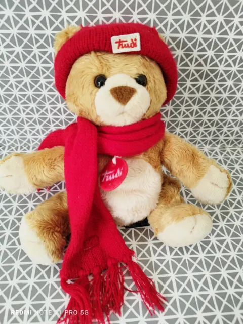 Peluche doudou ours beige bonnet et écharpe rouge Trudi 25 cm