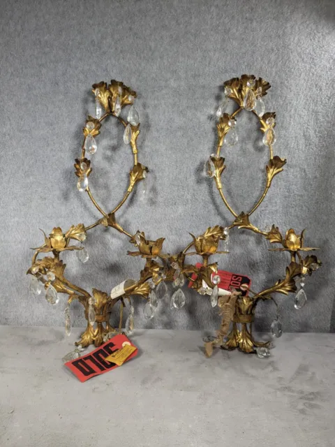 Pair Brittan's Fine Gilt Metal 2 Candle Wall Sconces with Crystal Tear Drop