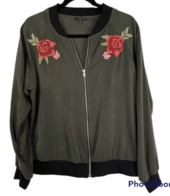 West Kei Olive Embroidered Floral Zip Front Lightweight Bomber Jacket Large