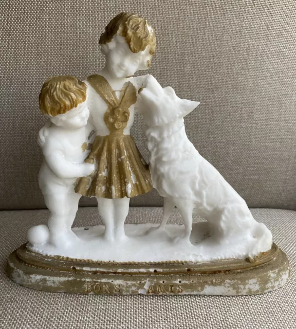 Parian Ware French Biscuit Porcelain Antique Girl, Dog & Boy Figurine -BONS AMIS
