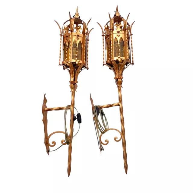 Pair Gothic Italian Sconces - Gold - Vintage - Amber Glass - by Florentia