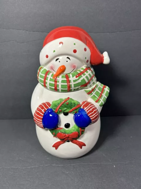 VTG Porcelain Christmas Frosty the Snowman Holding Wreath Cookie Jar Canister