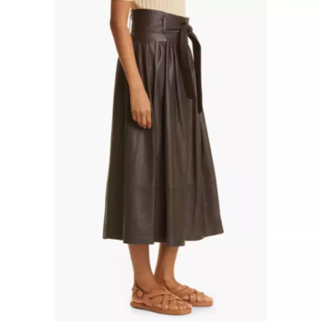 VINCE Women's Belted Pleated Leather Midi Skirt Dark Brown Size 4 Lined 3