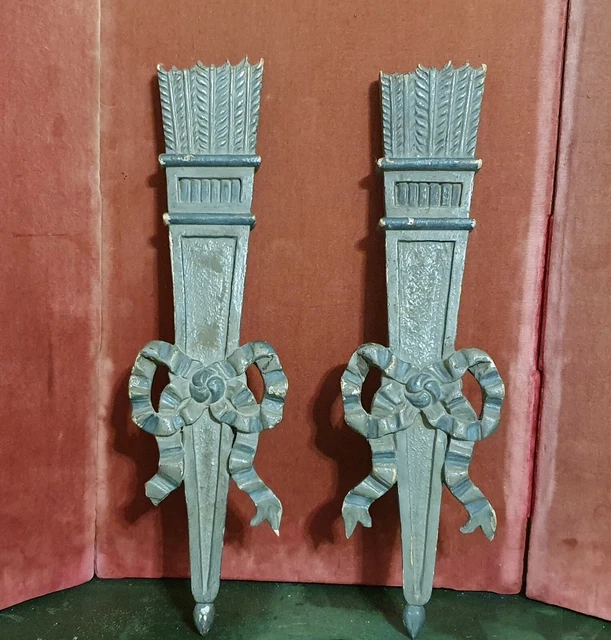 Pair green painted carving pediment - Vintage french wall applique 17.52 in .