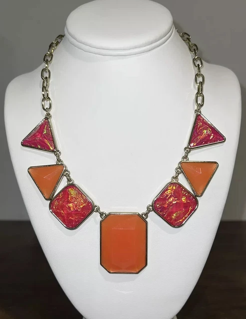 Faux Opal Dragons Breath statement necklace Bib Foil Orange & Gold Geometric