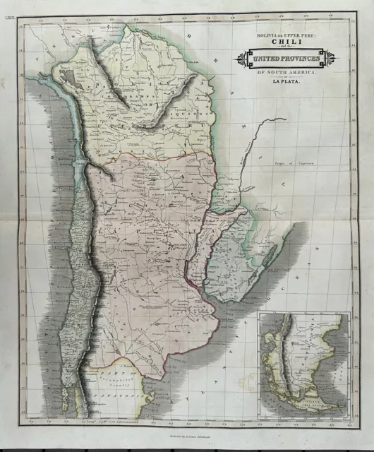 1828 Chile & La Plata by Daniel Lizars Large Hand Coloured Original Antique Map