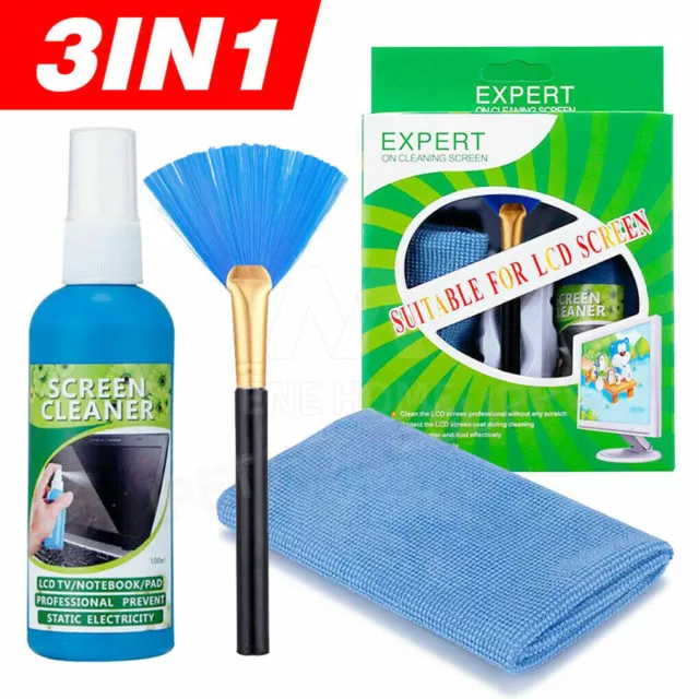 3 in 1 Laptop Cleaning Kit Monitor TV PC LED LCD Screen Cleaner Cloth Brush