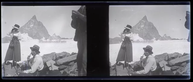 Alpinistes Montagne Neige c1920 NEGATIF Photo Stereo Plaque de verre VR12nf2