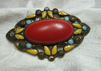 Victorian Art Nuevo Style Brass & Enamel Broach with Large Cabochon Stone