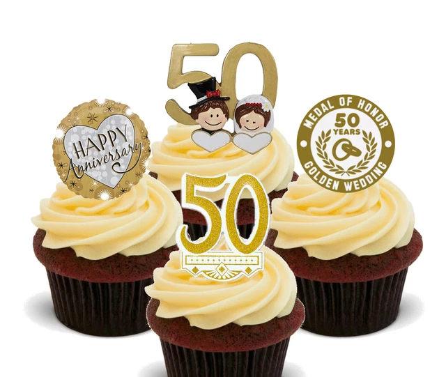 GOLD / GOLDEN Wedding Anniversary Edible Cupcake Toppers, Standup 50th
