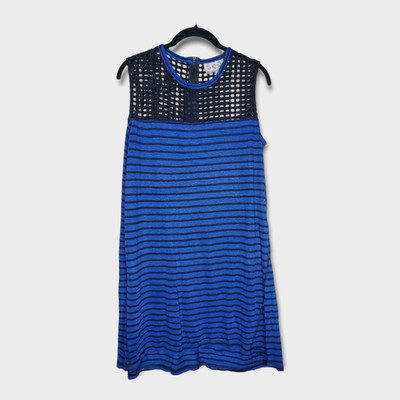 SEA New York 100% Linen Dress Sleeveless Black Blue Stripe Women's Medium