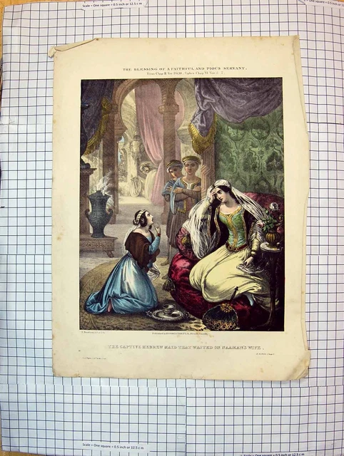 Old Antique Print Colour Religion Captive Hebrew Maid Waited Naaman Wife