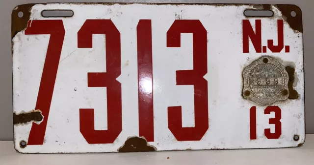 1913 New Jersey NJ Porcelain License Plate Car Tag #7313 Original Barn Find