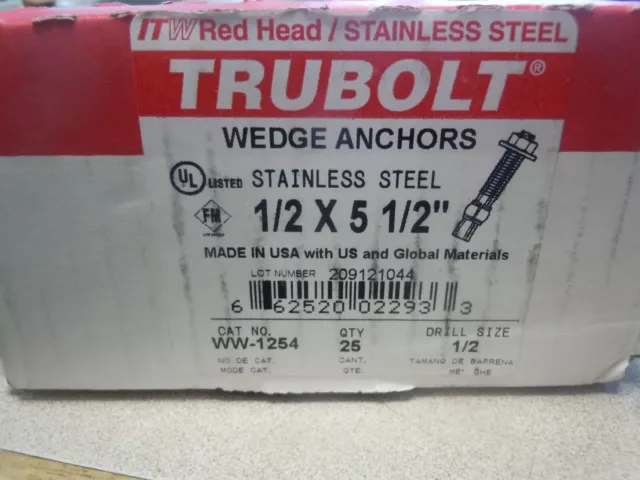 Box of 25!! Red Head #11271 1/2 x 3 3/4" Concrete Wedge Anchors Heavy Concrete!!