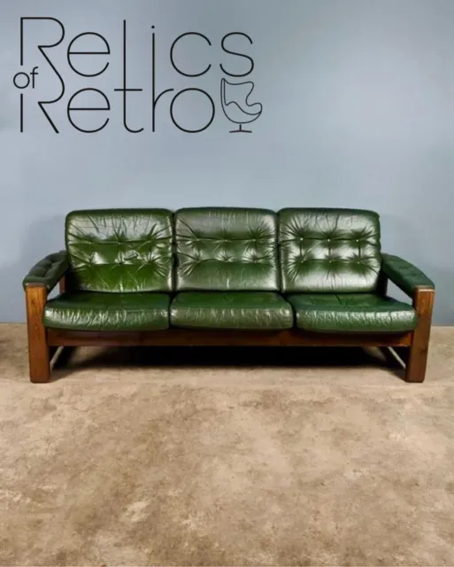 Mid Century Green Leather 3 seater sofa Vintage MCM Retro