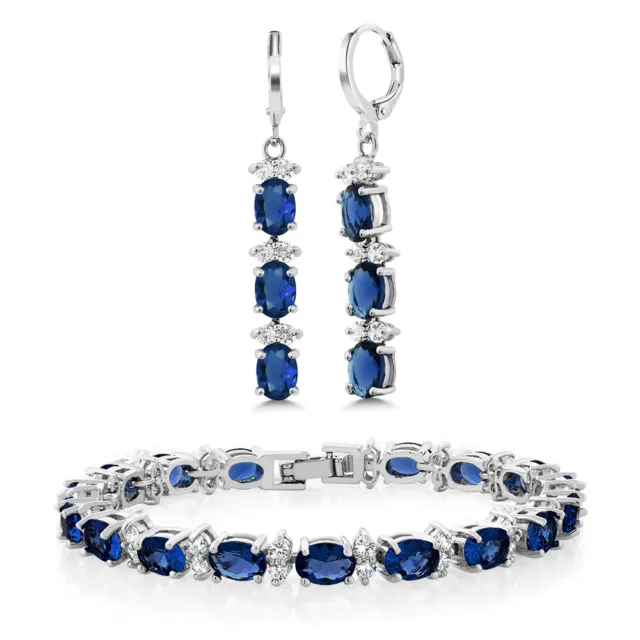 7" Blue and White CZ Bracelet Set With Matching 2" Oval Dangle Earrings