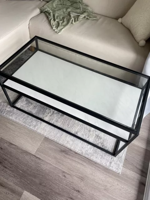 Marble effect glass coffee table with black frame 40 x 20 x 18 inches