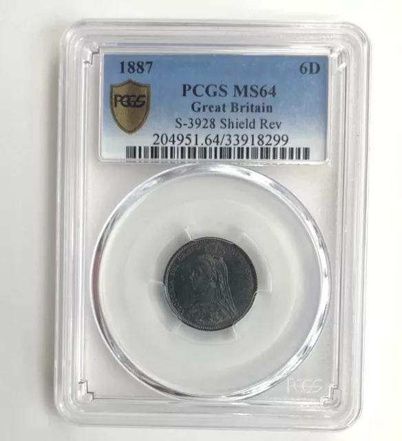 1887 Great Britain Silver 6 Pence Victoria Shield Reverse PCGS MS64 Toning