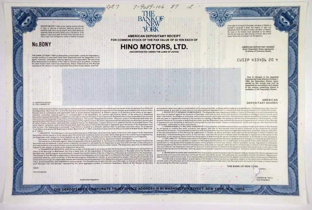 Japan. Hino Motors, Ltd., 1987. Specimen ADR Cert. XF-AU. ABNC