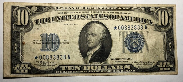 STAR NOTE 1934 $10 blue seal silver certificate FR1701* fancy serial, Fine+ #106