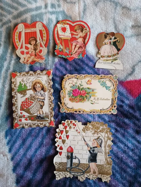 6 Antique Valentine's Day Cards Die-cut Angels USED