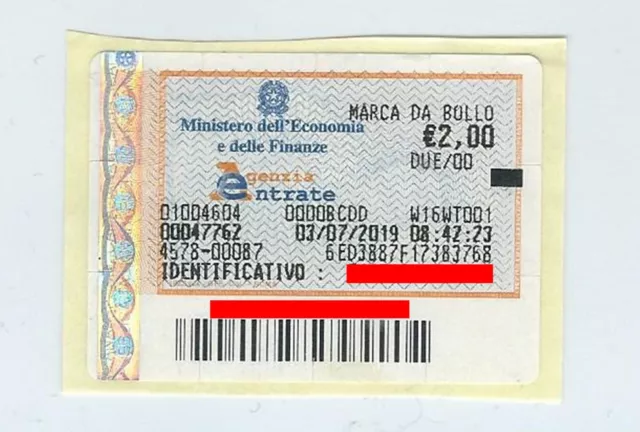 Marca Da Bollo Telematica €. 2,00 Nuova Su Supporto Originale Data 03/07/2019