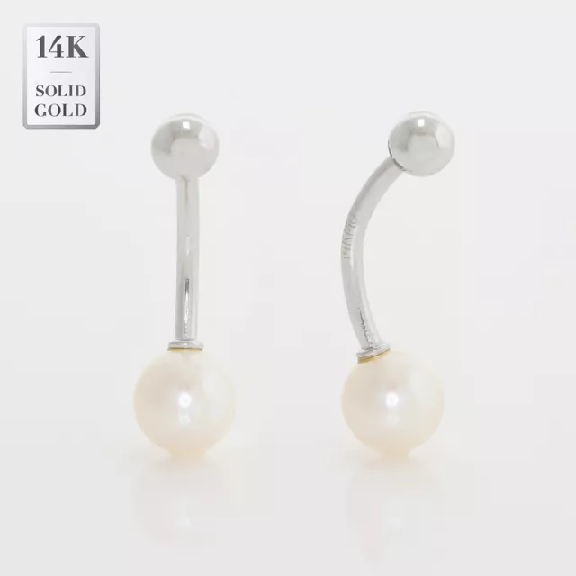 14K Solid Gold 7mm Round Freshwater Pearl Belly Piercing Curved Barbell Jewelry