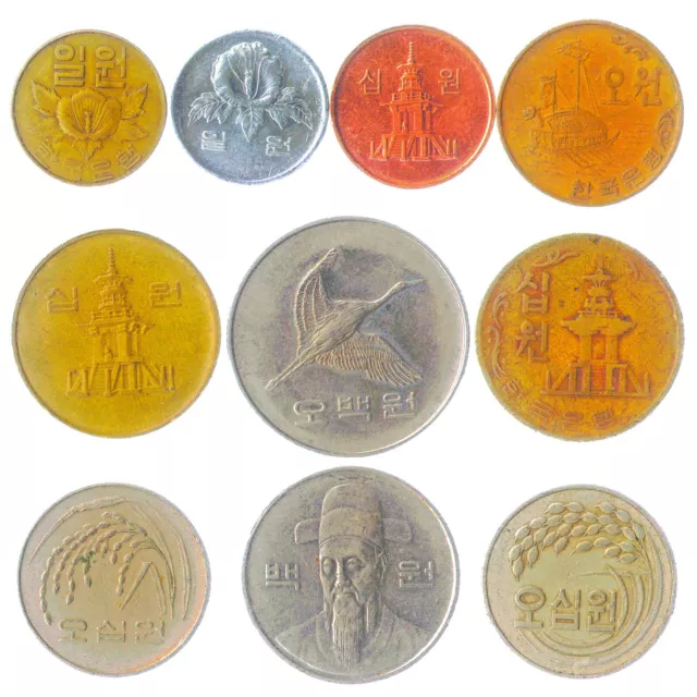10 South Korean Coins From East Asia. Republic Of Korea. Collectible Money: Won
