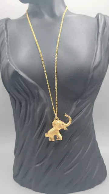 Elephant Pendant Necklace 16" Gold Tone Trunk Up 3