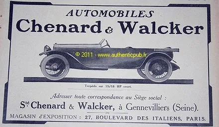 Publicite Voiture CHENARD WALCKER TORPEDO 15/18 HP 1920