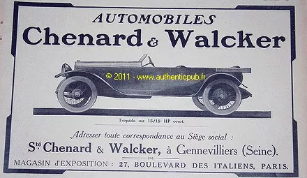 Publicite Voiture CHENARD WALCKER TORPEDO 15/18 HP 1920