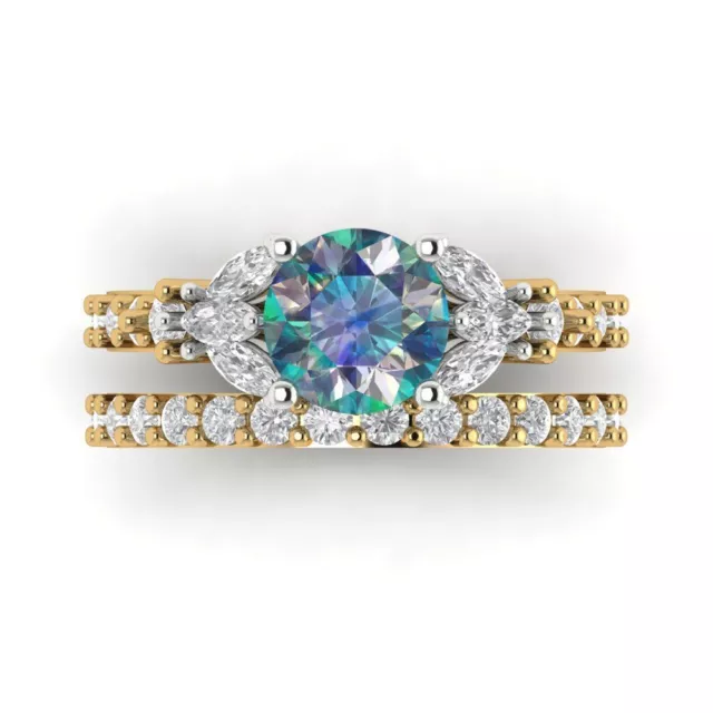 2.72 Rd Marquise 3 stone Blue Moissanite Wedding Bridal Ring set 14k 2 tone Gold