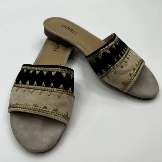 VANELi Womens 9.5 M Slide Sandals Black Tan Suede Gold Trim Leather Flats Boho