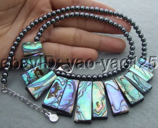 Ntural Paua Abalone Shell Hematite Necklace 18" free shipping