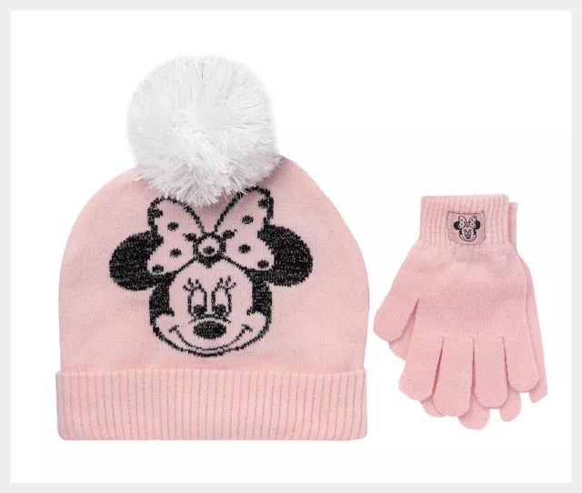 NWT DISNEY MINNIE MOUSE 🎀 Pom Pom Beanie Hat & Glove Set 🎀 Blush Pink Age 3-7